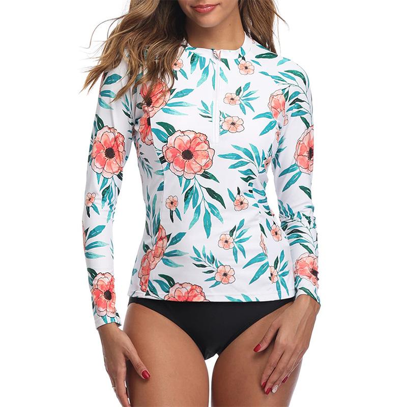 Women Two Pieces Vintage Print Rash Guard Swimwear Long Sleeve Shirt Shorts Surf Top Retro Print Running Shirt Split Swimsuit