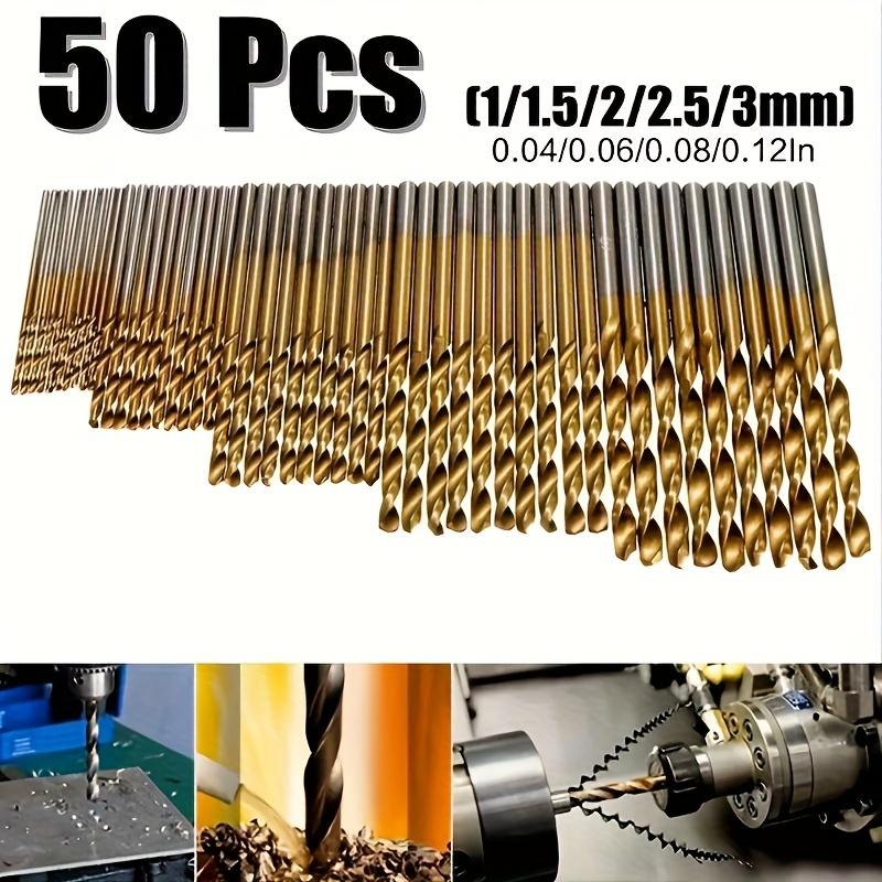 50pcs Titanium Coated High-Speed Steel Drill Bit Set - Suitable for Metal and Wood 1-3mm Carbon Steel, Round Shank, Spiral Flute Design, Mixed Sizes