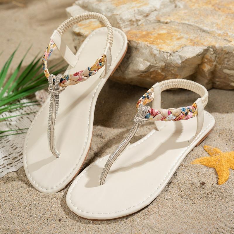 New Style Shoes Large-sized Rhinestone Flats Women's Elastic Band Beach Flip-flops