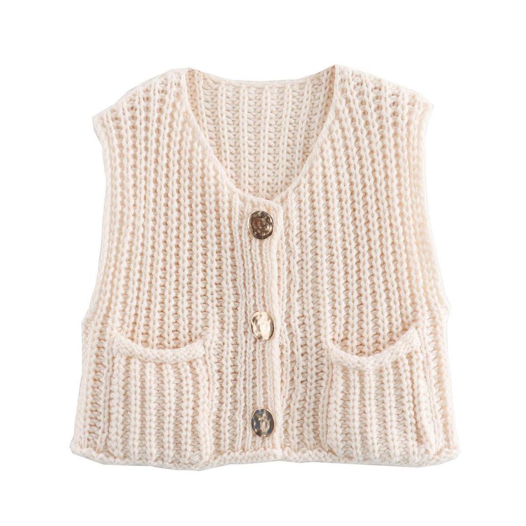 Women's V-Neck Chunky Knit Sleeveless Cardigan Vest - European & American Style, Autumn/Winter 2025