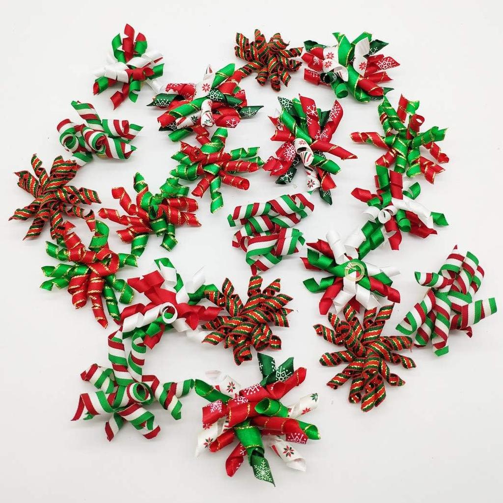 20pcs Curly Christmas Dog Bows Dogs Christmas Hair Bows with Rubber Bands Puppy Grooming Bows for Small Dogs Cats (A#)