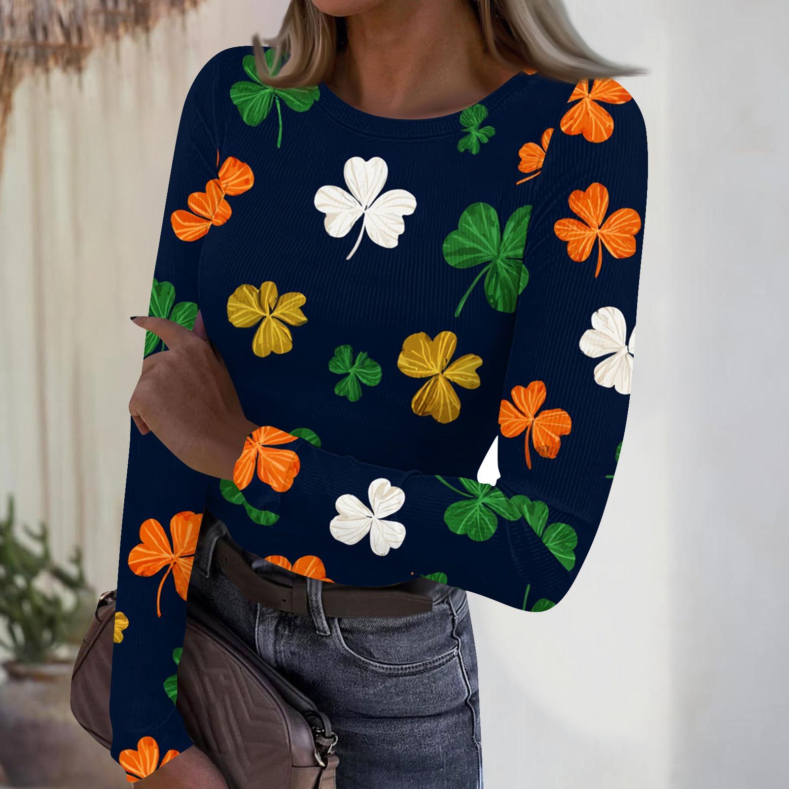 

Women s Casual Fashion Round Neck St. Patrick s Day Print Long Sleeve Ribbed Top XXL оранжевый