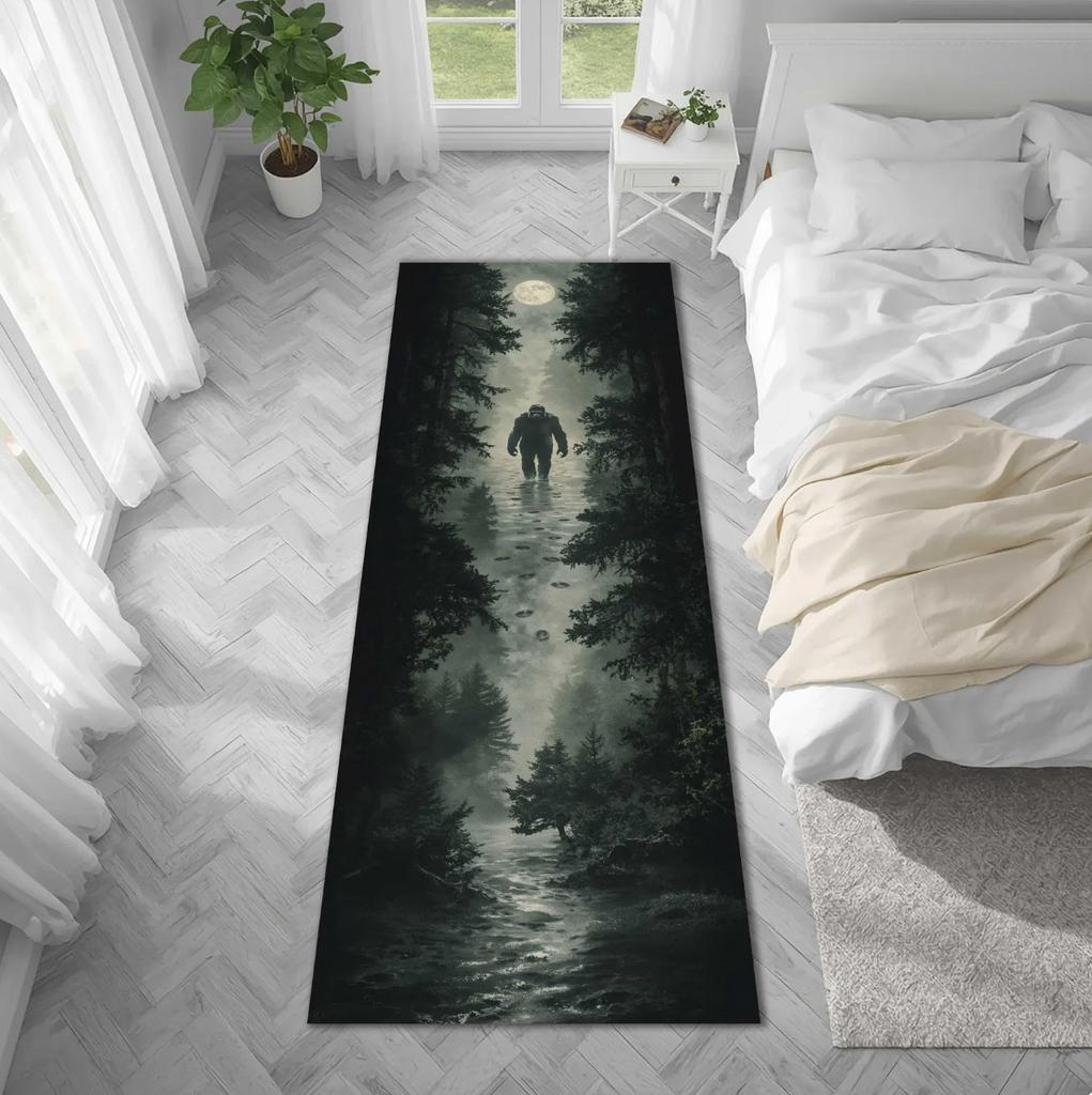 Bigfoot Forest Mystery Runner Rug Dark Moonlit Woods Design Mystical Creature Pattern Perfect For Hallway Corridor Home Decor
