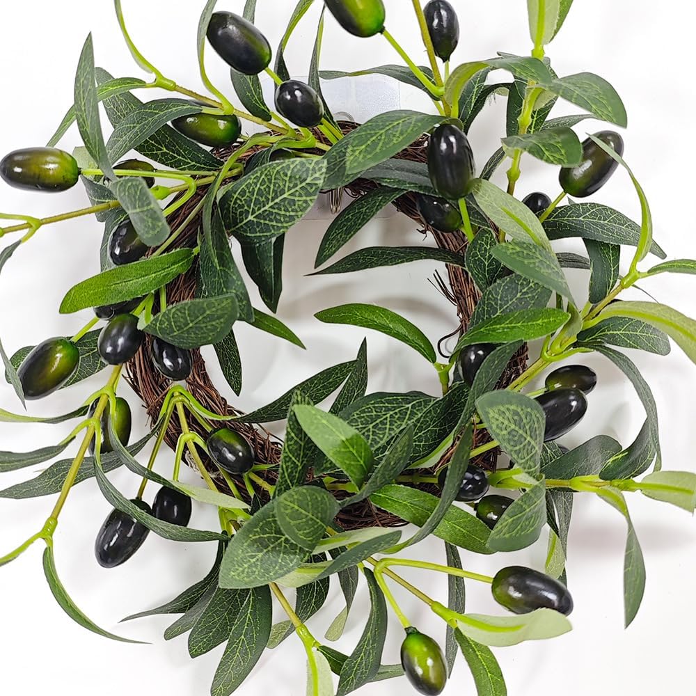 2 Pack Artificial Green Olive Wreath Faux Kitchen Cabinet Wreaths Artificial Greenery Candle Rings Farmhouse Wreath for Door Wall Window