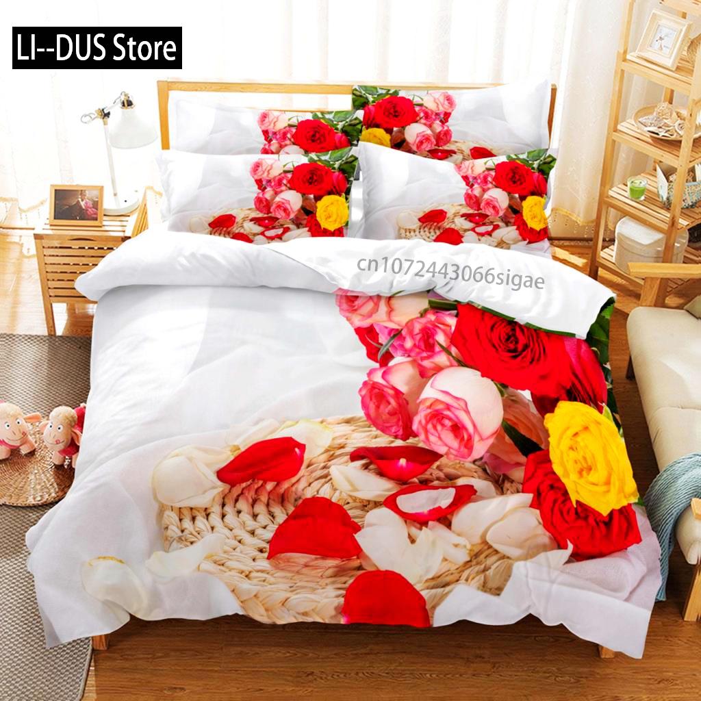 Red Rose Duvet Cover Comforter Pillow Case King Queen Size Flower Theme Valentine's Day Present For Women Room Decorations Gifts