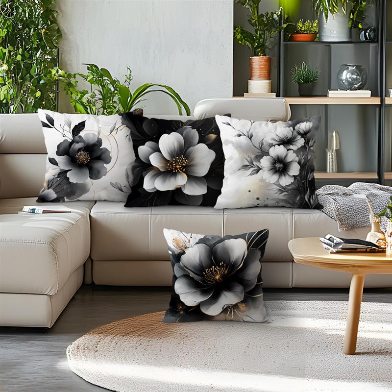 Monika Chen Unisex Black/White/Gold Floral Pillow Cover Short Plush Polyester Cushion Case Decor Throw Pillowcase Home Deco