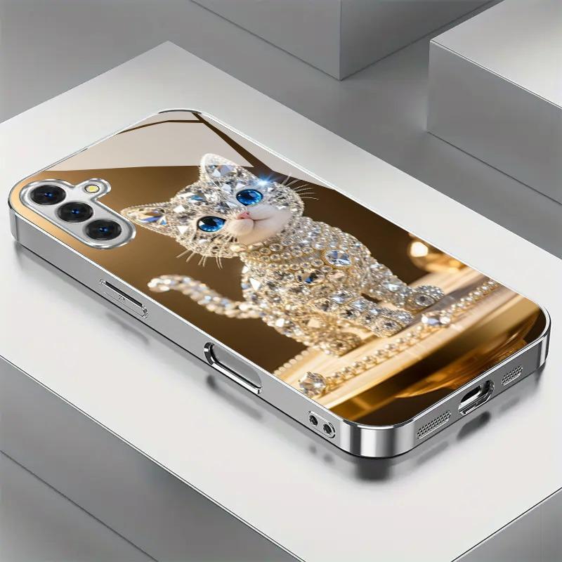 Sparkling Diamond Cute Cat Electroplated Silver Phone Case For Samsung Galaxy S25 S24 S23 Ultra Plus FE Tempered Glass Cover