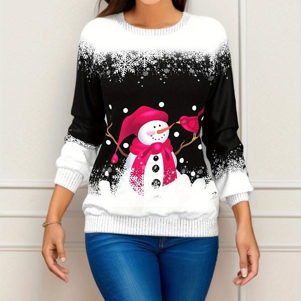 GMXIA Women's Fashion Casual Christmas Print Autumn and Winter Shoulder Print Loose Long Sleeve Round Neck T-shirts and Tops
