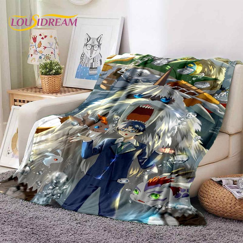 Retro Digimon Adventure Potwór Kreskówka Miękki Koc Flanelowy, Koc do Rzucania Wygodny Koc na Piknik Łóżka Kanapę Domowy Sypialnia