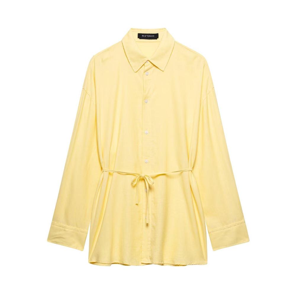 TAOP&ZA Women's Spring/Summer Waist-Tie Long Sleeve Shirt with Turn-Down Collar