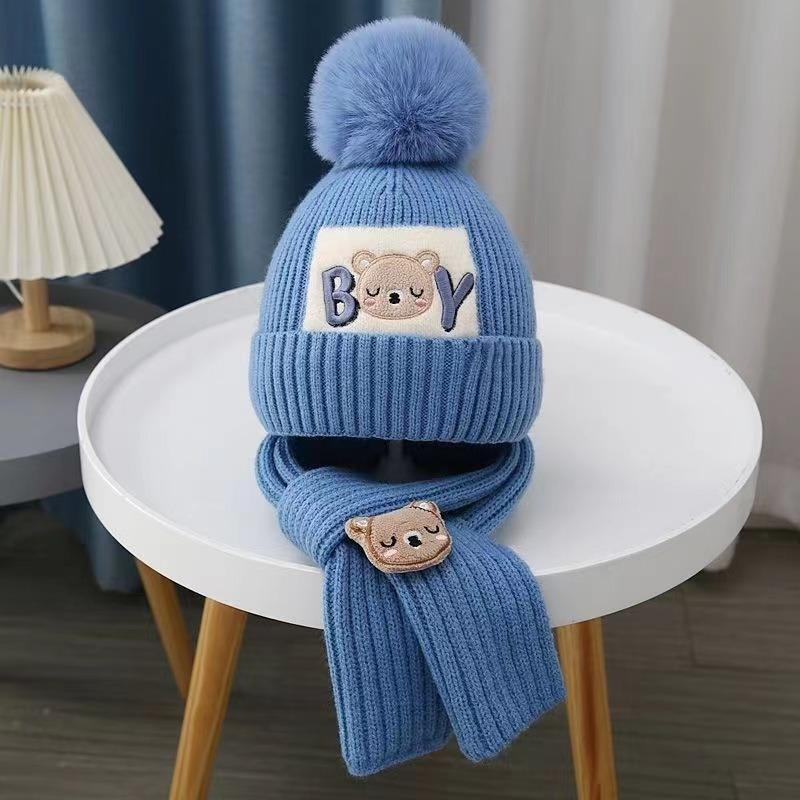 Winter children's hats, piled and thickened two-piece sets, baby hats, bear wool hats, thermal hats, sets