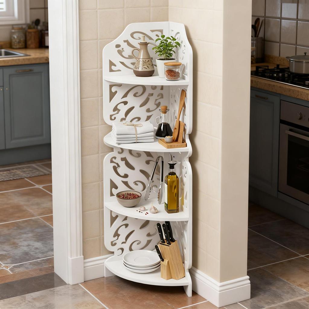 4-Tier Corner Storage Rack – Triangular PVC Shelf Unit for Bathroom, Living Room & Balcony – White