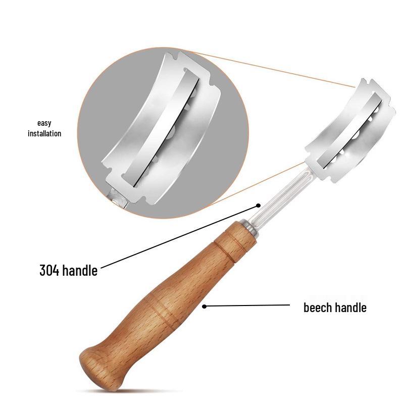 304 Stainless Steel Bread Scoring Knife with Wooden Handle - Curved Dough Cutter for Artisan Baguettes
