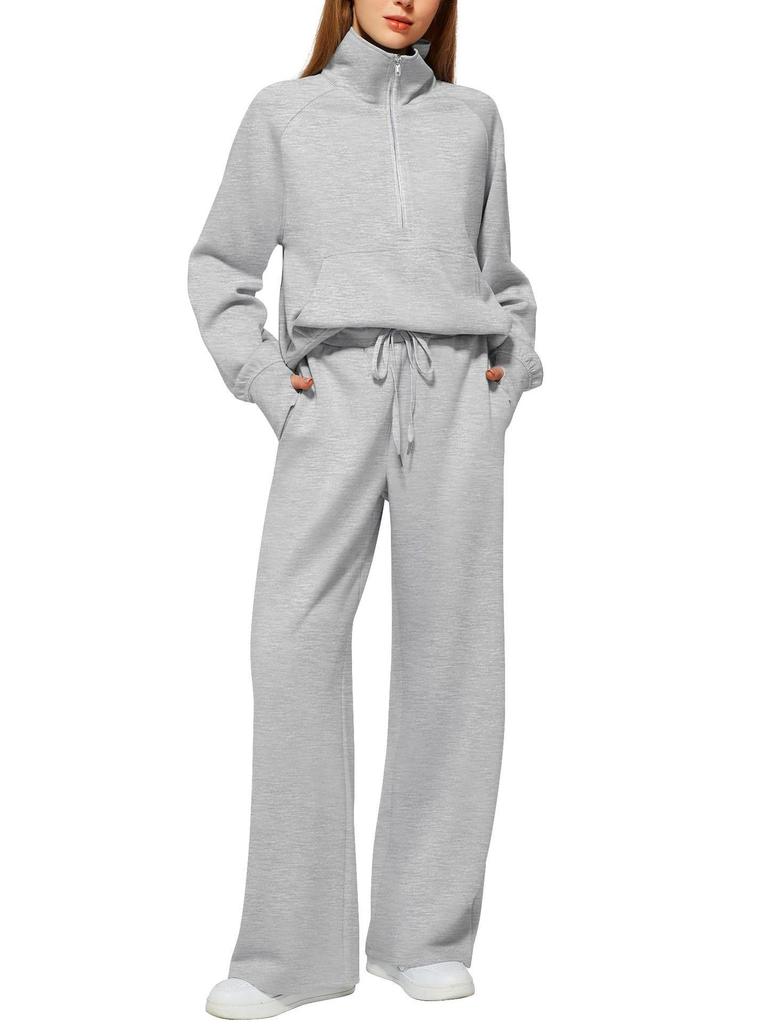 European & American Women's Casual Zipper Sweatshirt and Wide Leg Sweatpants Set