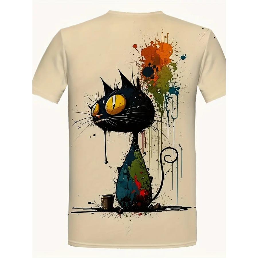 Mens Eye-catching Cat Graffiti T-Shirt - Lightweight & Breathable Short Sleeve Crew Neck Top - Fashionable Summer Wear, Perfect for Leisure & Gifts