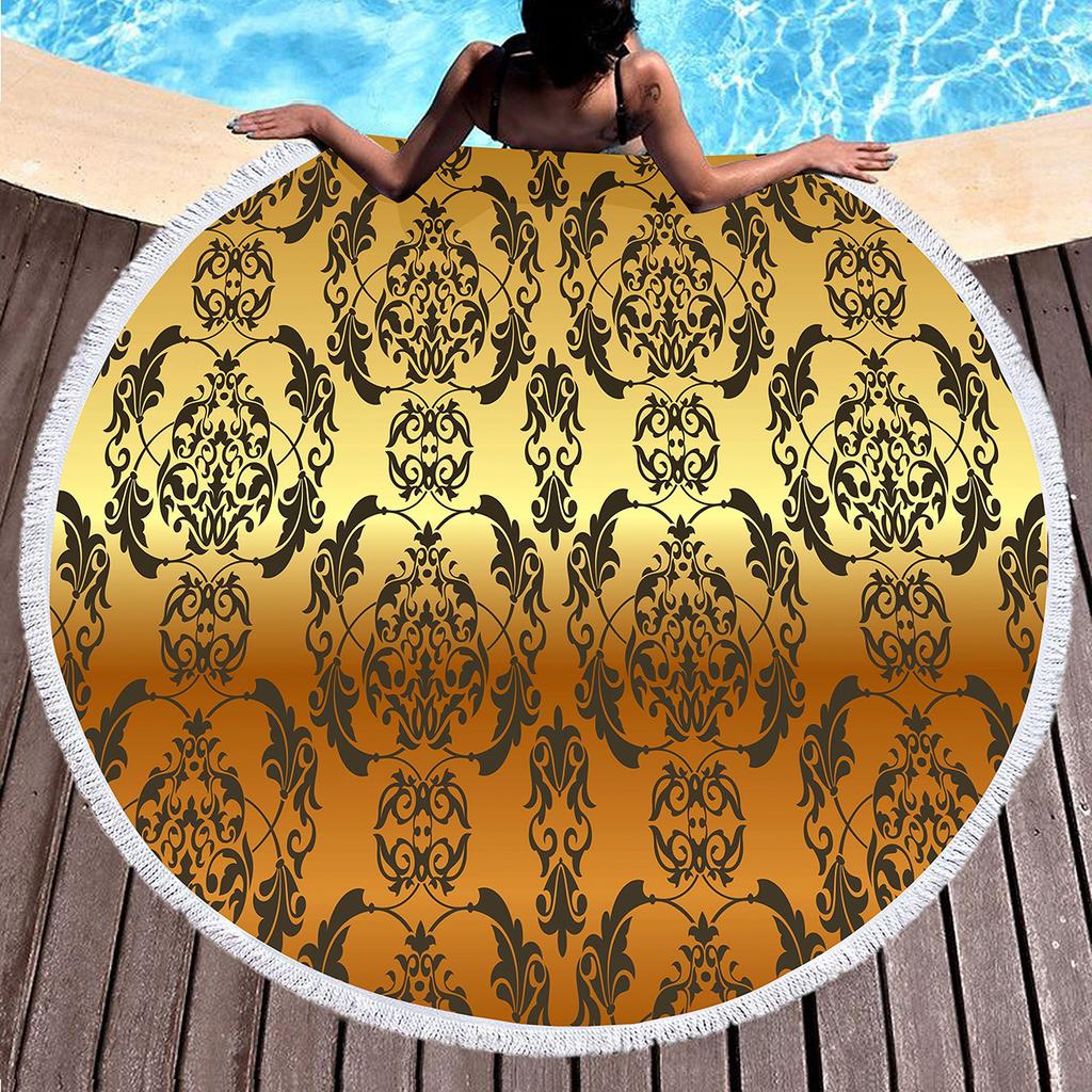 Vintage Gold Printed Round Beach Blanket,Polyester Sand Resistant Shawl Beach Towel,Absorbent Quick Dry Pool Towel Picnic Mat