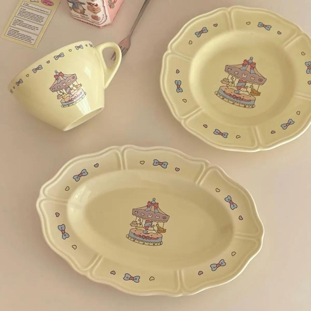 Instagram High Beauty Western Food Plate Carousel French Circular Oval Plate Breakfast Pasta Plate Household Tableware Coffee