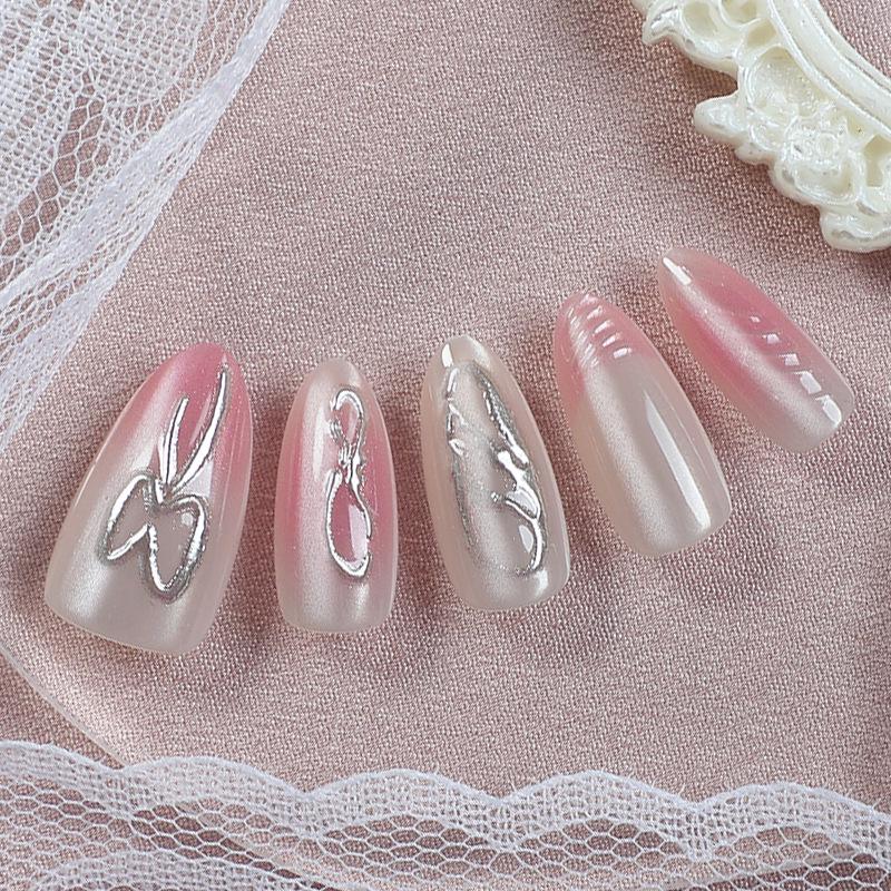 3D Bow Wearable Handmade Magic Mirror Silver False Nails with French Glitter Diamond Art Pieces