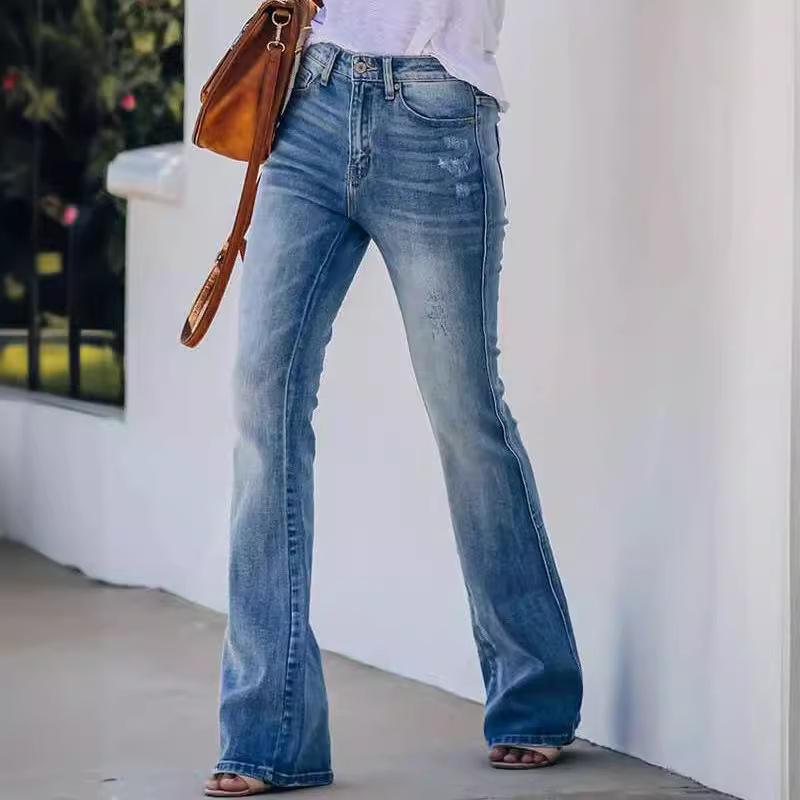Womens High Waisted Jeans Flare Stretch Boyfriend Bootcut Casual Denim Pants Cat's Whiskers Stretch Wide Leg Women's Trousers