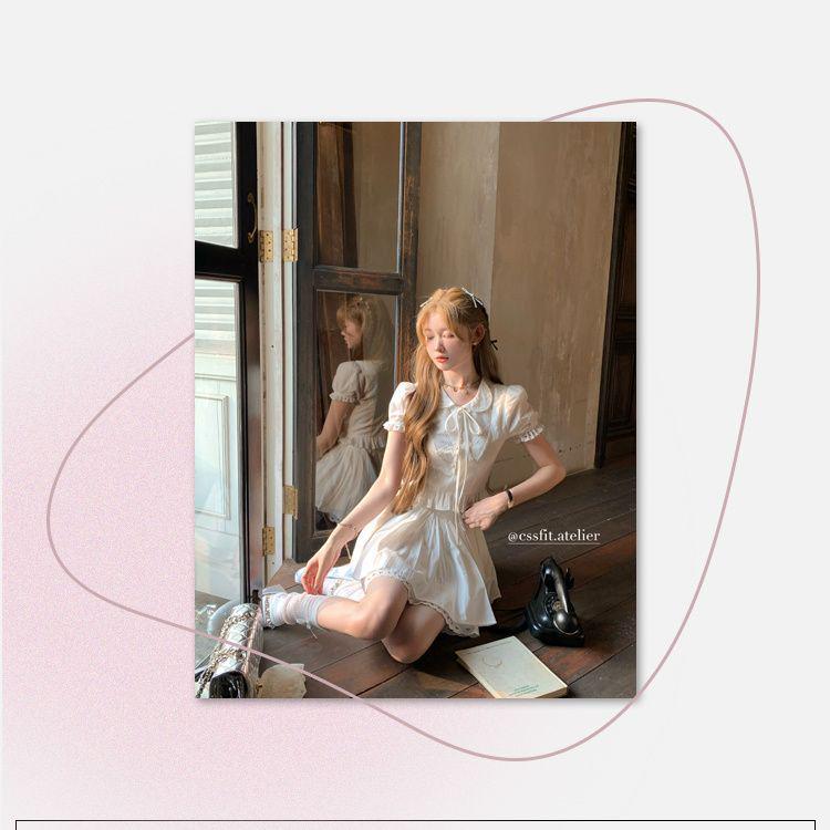 2026 Summer French Slim-fit Peter Pan Collar White Shirt and Embroidered Heart Skirt Set for Women