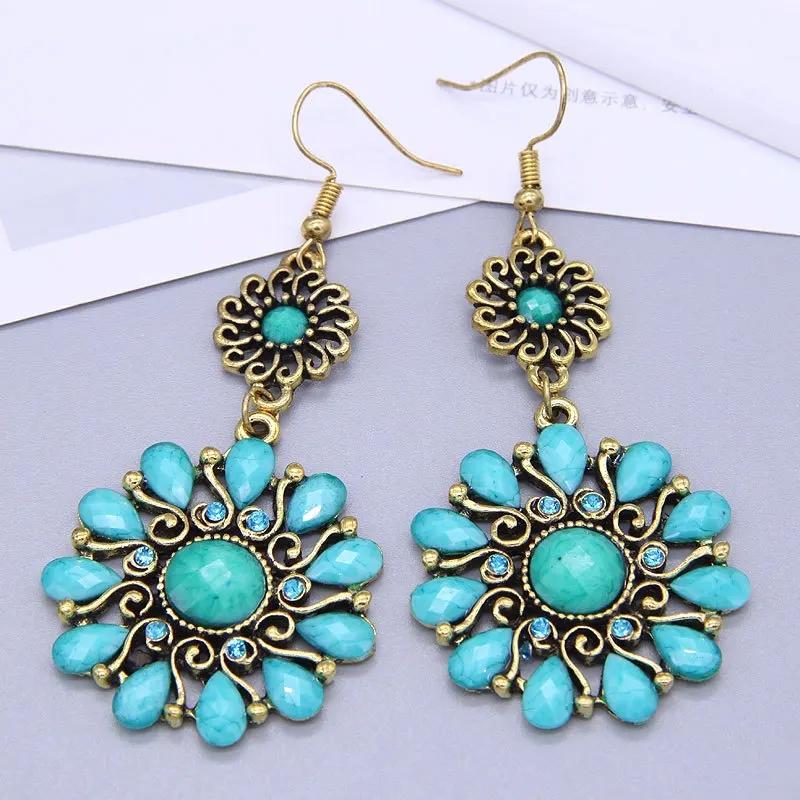 Vintage Ethnic Sun Flower Dangle Earrings For Women Boho Colorful Rhinestone Acrylic Hollow Round Earring Female Jewelry