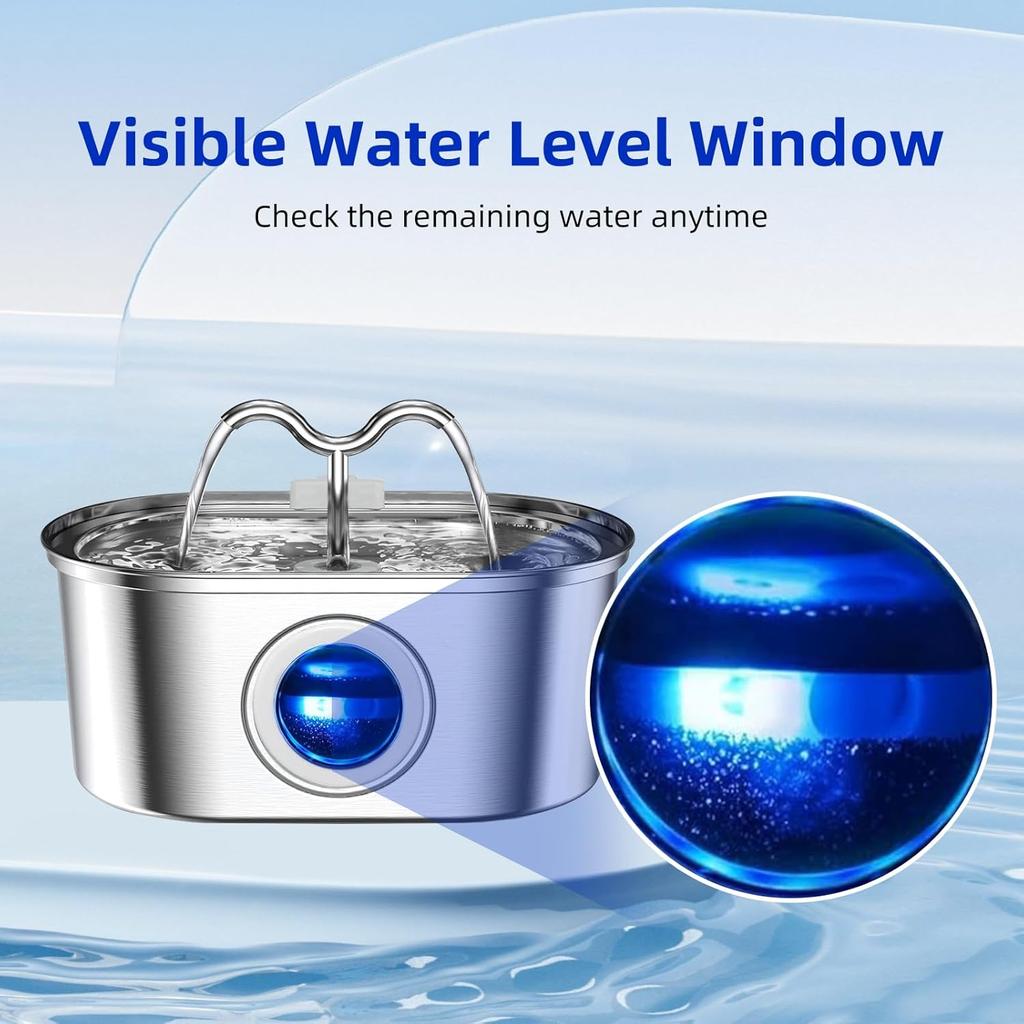 3.2L Stainless Steel Pet Water Fountain Ultra Quiet Pump LED Water Level Indicator With Triple Filter For Cats Dogs