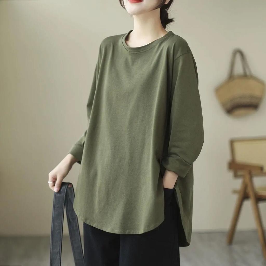 Spring and Autumn New Loose Slim Solid Color Base Top Sweatshirt Pure Cotton Long-sleeved