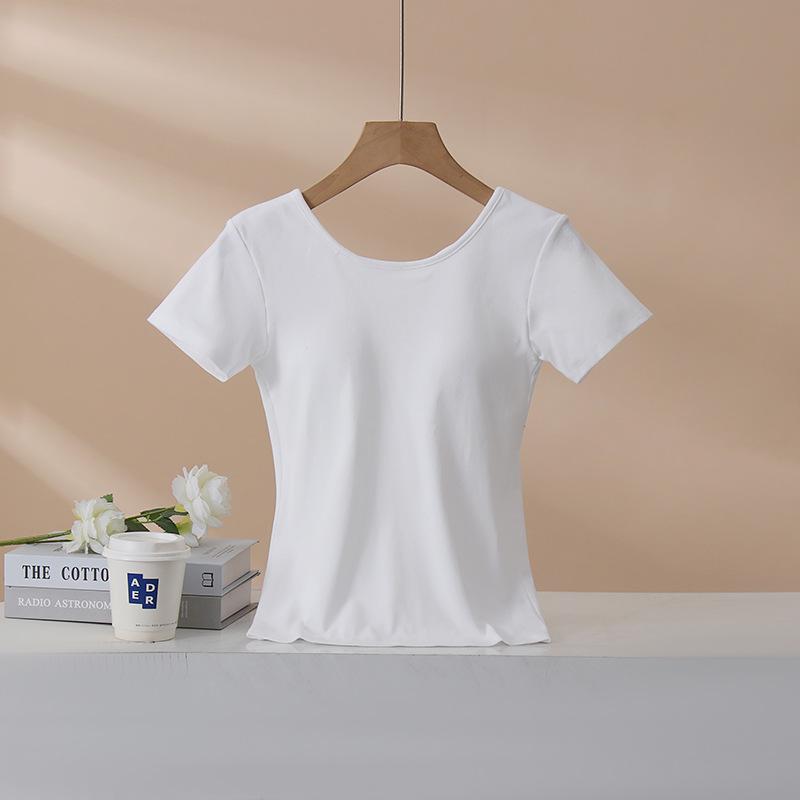 Dámské tričko s krátkým rukávem bez podprsenky - Čistá bavlna, Všitá podprsenka, Krásná záda, Zeštíhlující střih, Letní top