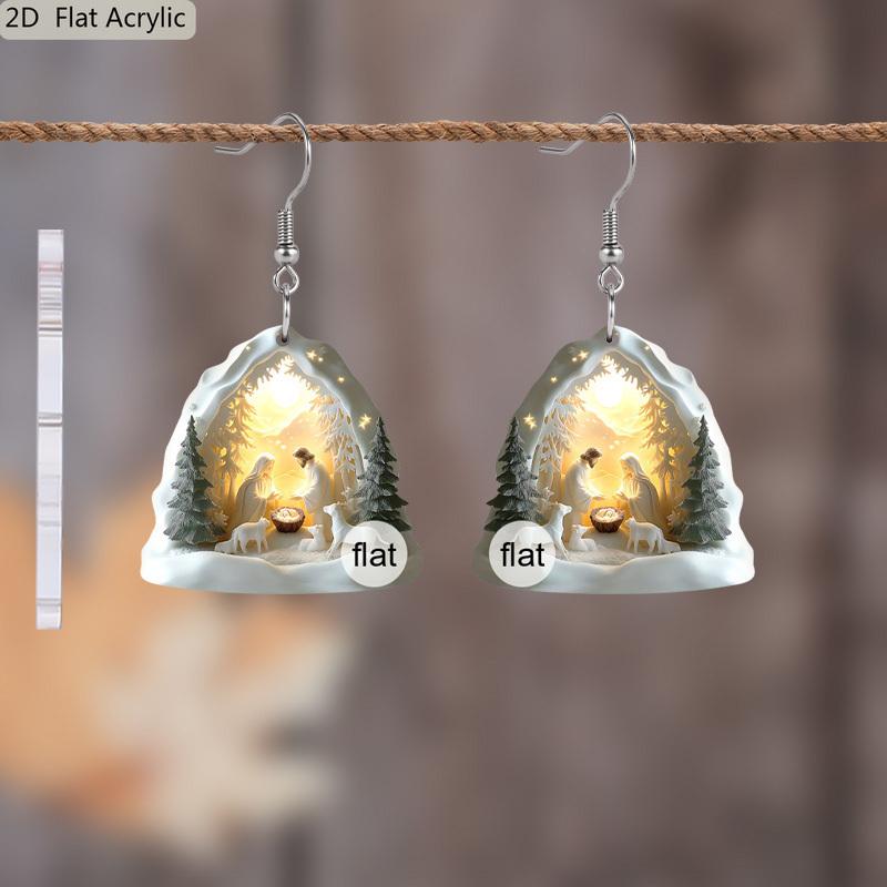 2D Flat Christmas Earrings White Nativity Scene Pattern Acrylic Pendant Earrings Christmas Accessories Gifts