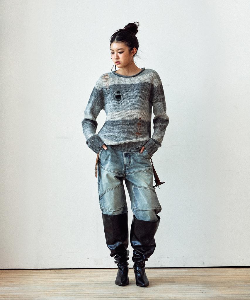 THEVINYLHOUSE Grunge Stripe Sweater Gray