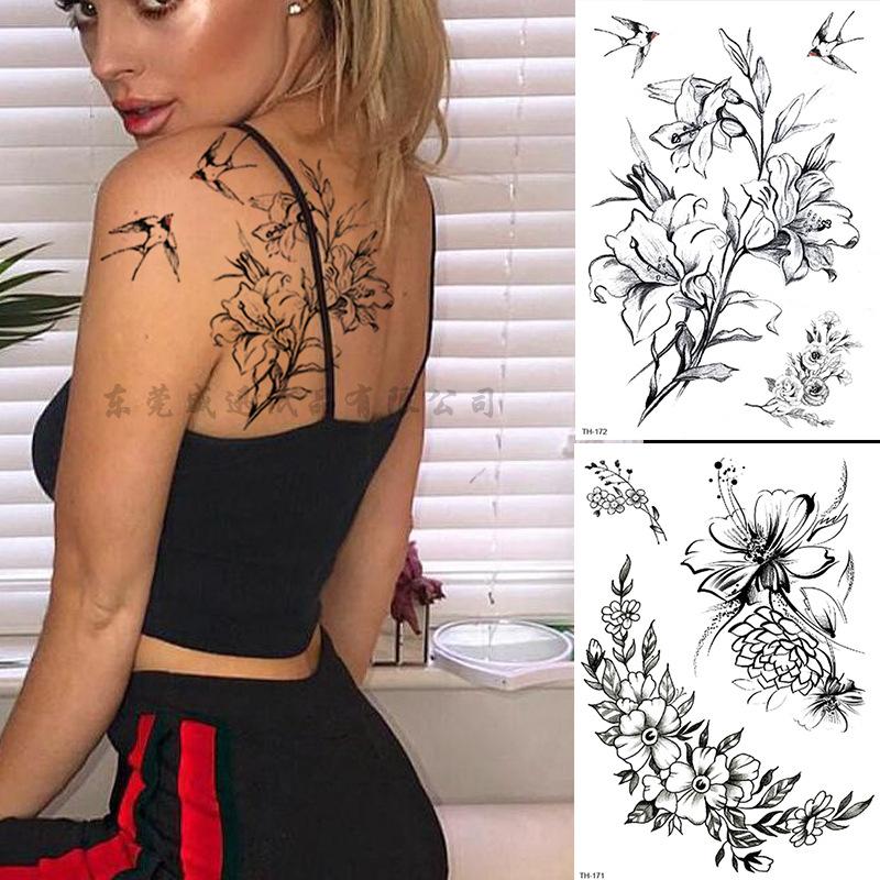 Flower Arm Tattoo Sticker, Half Arm Waterproof Tattoo Sticker, Sketch Line Tattoo Sticker Tattoo