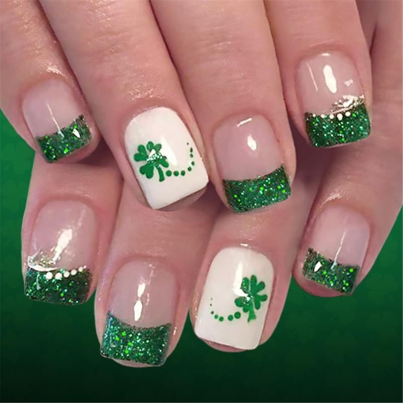 24Pieces Short Fake Nail Light Green Leaf Design Glitters Design French Elegant ABS Artificial Nail for Easy Application 1