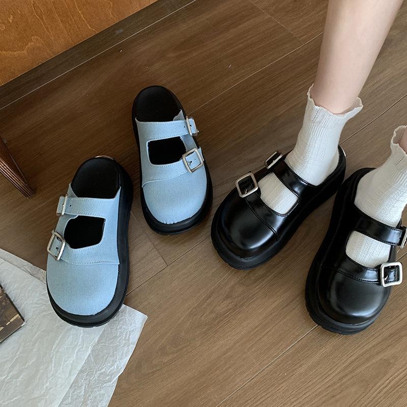 Internet celebrities ins denim thick-soled heightening bag head slippers women's summer wear 2025 new retro half-drag Birkenstocks