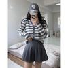 Plus Size V-Neck Striped Knit Cardigan for Early Autumn - Slimming Long Sleeve Sweater for Women