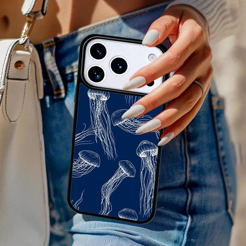 Jellyfish Print Navy Phone Case For iPhone 17 Air 14 15 13 12 Max Cover For Apple 14 15 16 16e 11 Pro Max Plus