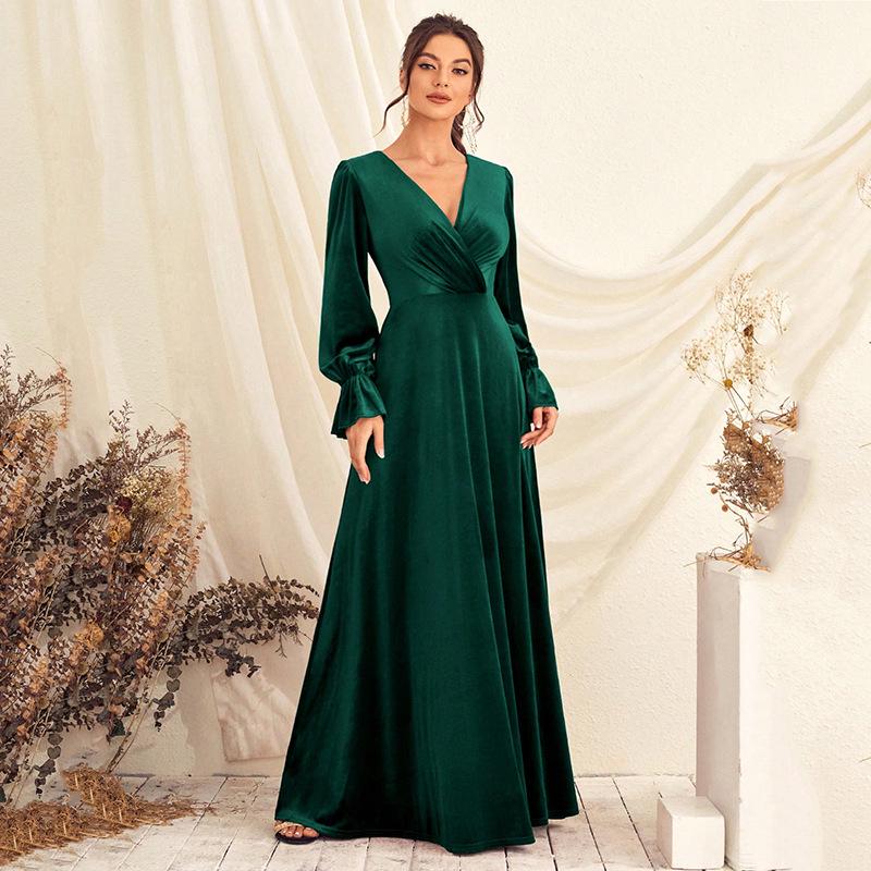 Chiffon V-Ausschnitt Langarm Frühlingsabendkleid mit geraffter Taille