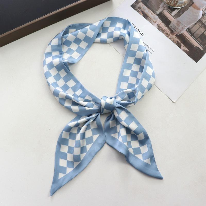 Spring/Summer Chessboard Print Ribbon Shirt Paired Scarf For Women Classic Thin Neckerchief Decorative Imitation Silk Headband