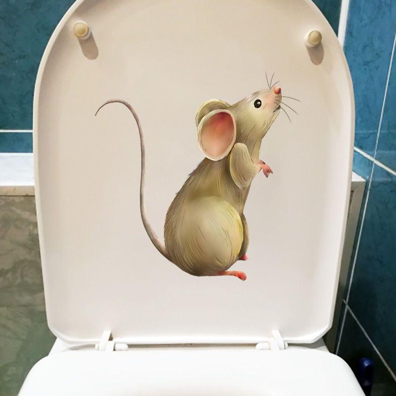 Mouse Looking Up Funny Toilet Stickers Cartoon Urination Toilet Lid WC Door Sticker Removable Self-Adhesive Decor