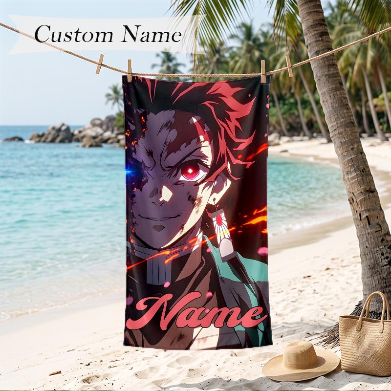 Demon Slayer Custom Name Printed Beach Towel Personalized Soft Towel For Swimming Beach Travel