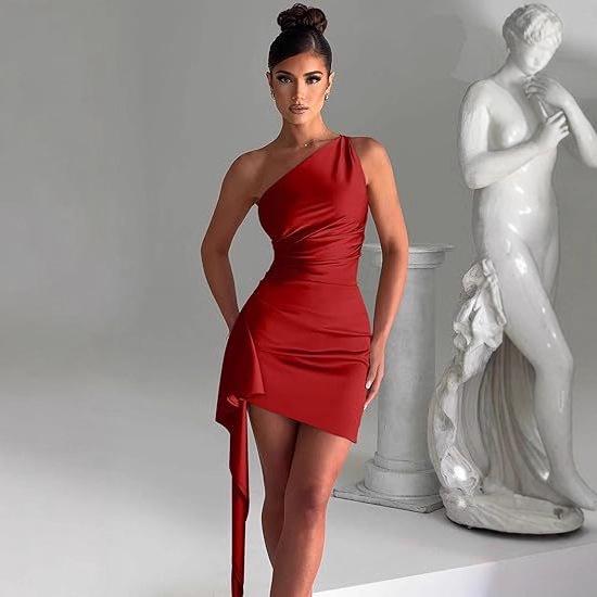 One-Shoulder Ruched Slit Satin Dress - European & American Summer Elegance