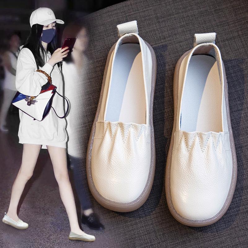 Mocasini de damă din piele naturală cu talpă moale: Pantofi albi slip-on cu tăietură joasă pentru asistente medicale și femei însărcinate (2025 stil nou)