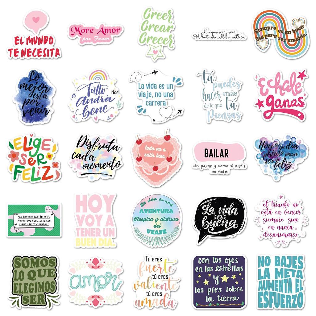 50 Personalized Motivational Spanish Stickers: Colorful Slogans for Cups, Laptops & More