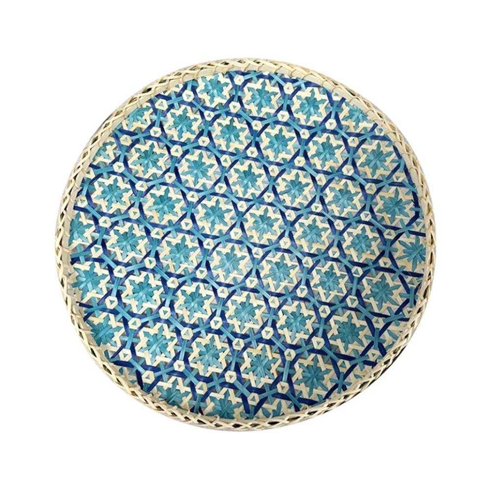 Bohemian Style Bamboo Woven Fruit Basket Handwoven Texture Round Shape Handmade Bamboo Tray Colorful Sieve Household