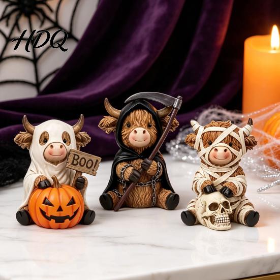 Dark Aesthetic Home Accessories 3Pcs Halloween Highland Cow Figurines Resin Cattle Statues of Grim Reaper Seasonal Holiday Party Favors Mummy