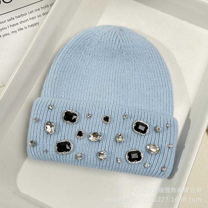 Trendy Fashion Rhinestone Wool Hat Women's Group Style Versatile Pullover Cold Hat Autumn and Winter Warm and Cold-proof Knitted Hat