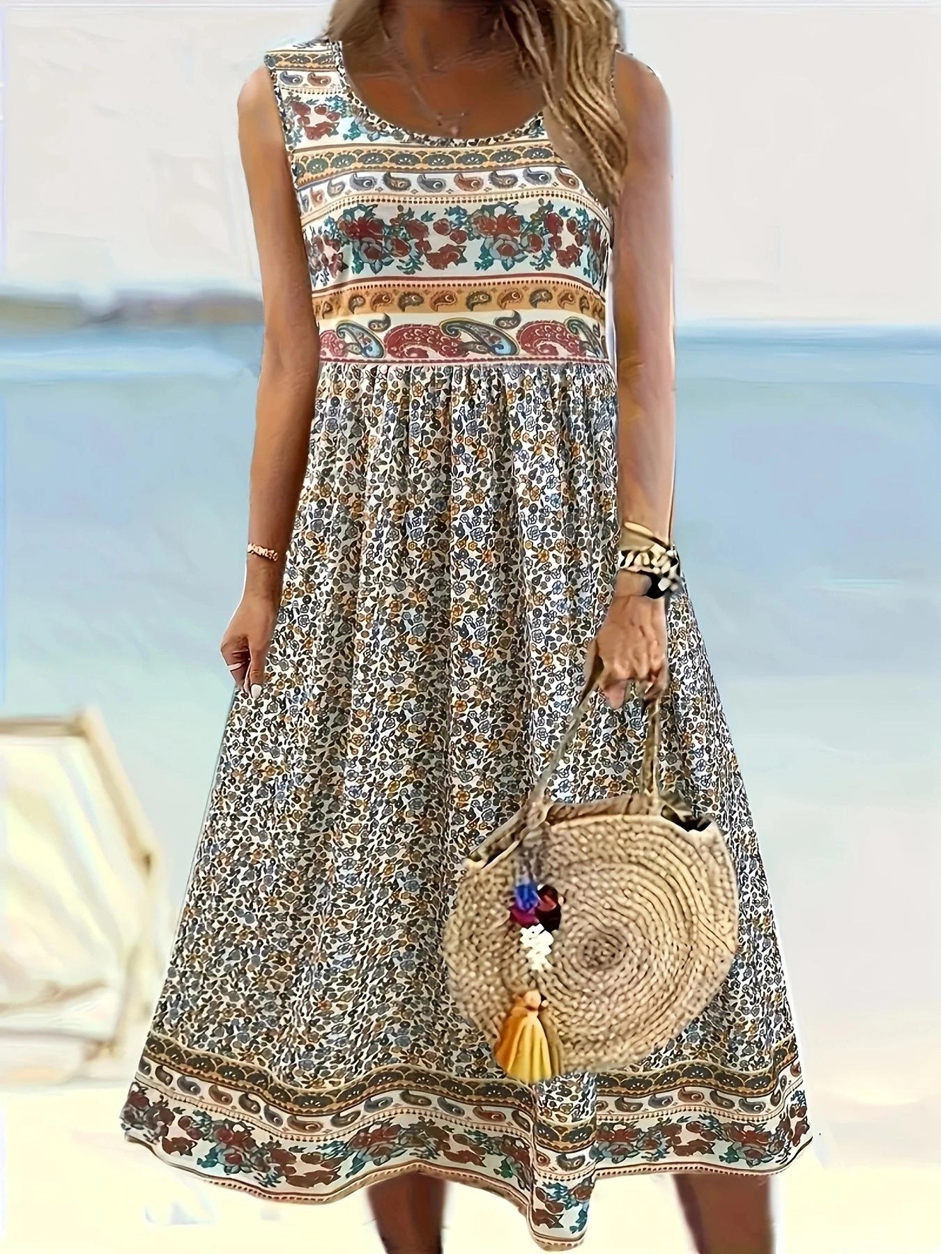 

Sleeveless Plus Size Women s Mid-Length Summer Dress with Round Neck & Cross-Border Print - European American Style 2025 3XL абрикосовий