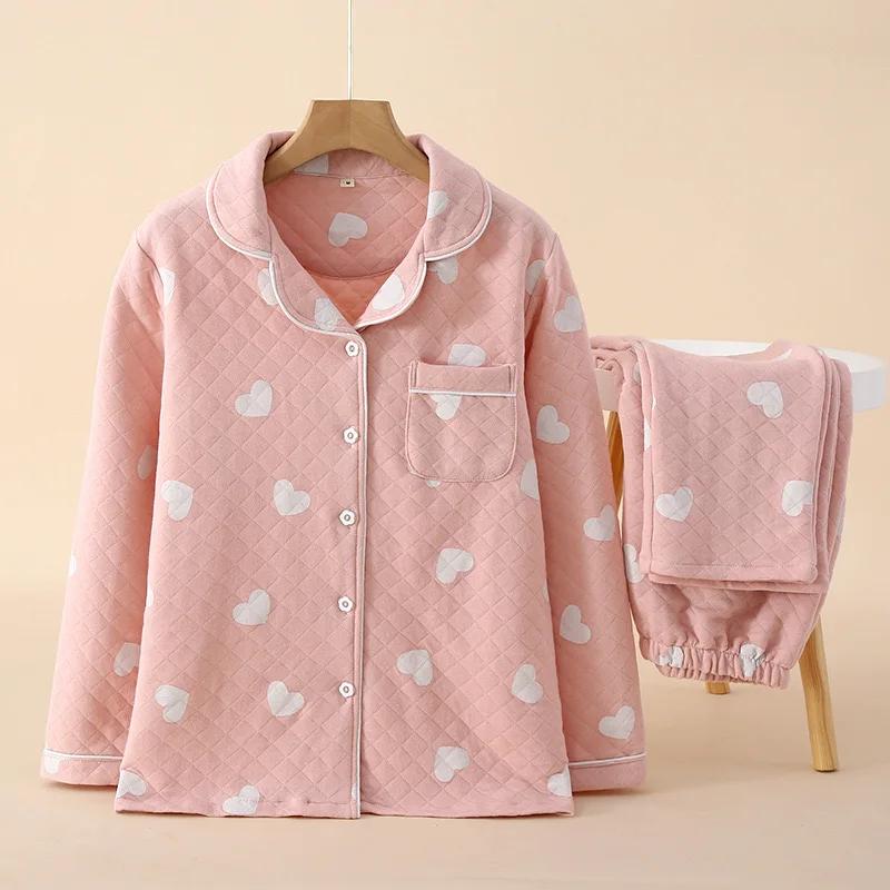 New Women's Pajamas Suit Thick Warm Cardigan Winter Pyjamas Sets Long Sleeve Flower Print Home Clothes Sleepwear