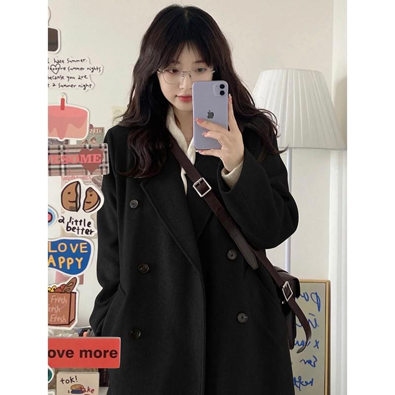 Women's Mid-Length Black Wool Coat, Winter 2025 Korean Style, Loose Slimming, Thickened Padding