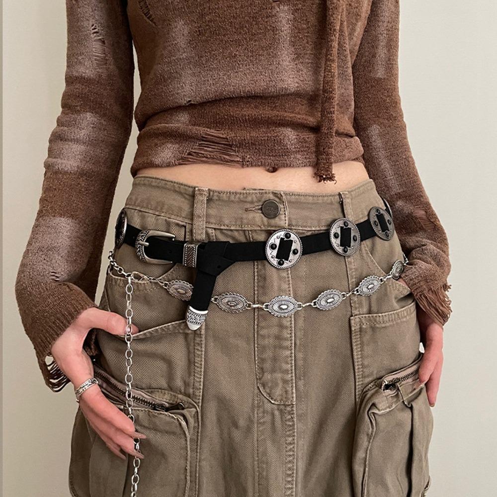 

Резной пояс Y2K в этническом стиле, ПУ пояса, Модный западный ковбойский пояс, Универсальный чёрный