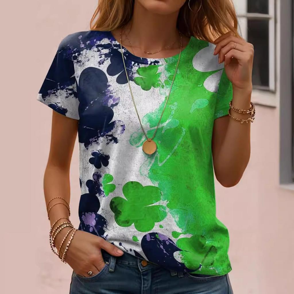 Women's St. Patrick's Day Clover Print Short Sleeve T-shirts Summer Round Neck 3D Print Top Fashionable Casual T-shirts